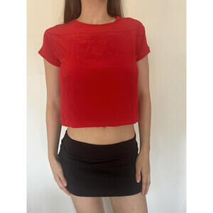 Cherry Red Cropped Short Sleeve Silky Top